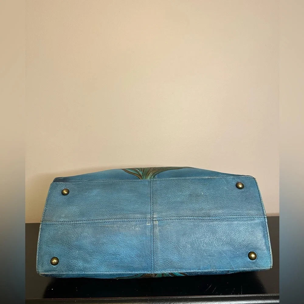 Anuschka Hand Painted Leather Teal Floral Tote Shoulder Handbag Purse - Picture 5 of 16